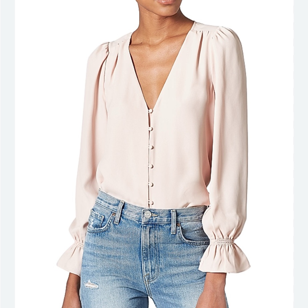 Joie Pink Puff Sleeve Ruffled Blouse